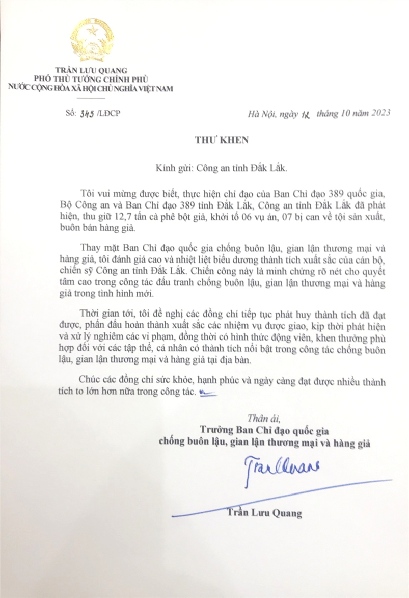 Thư khen của Phó Thủ tướng Chính phủ Trần Lưu Quang, Trưởng Ban Chỉ đạo 389 quốc gia.