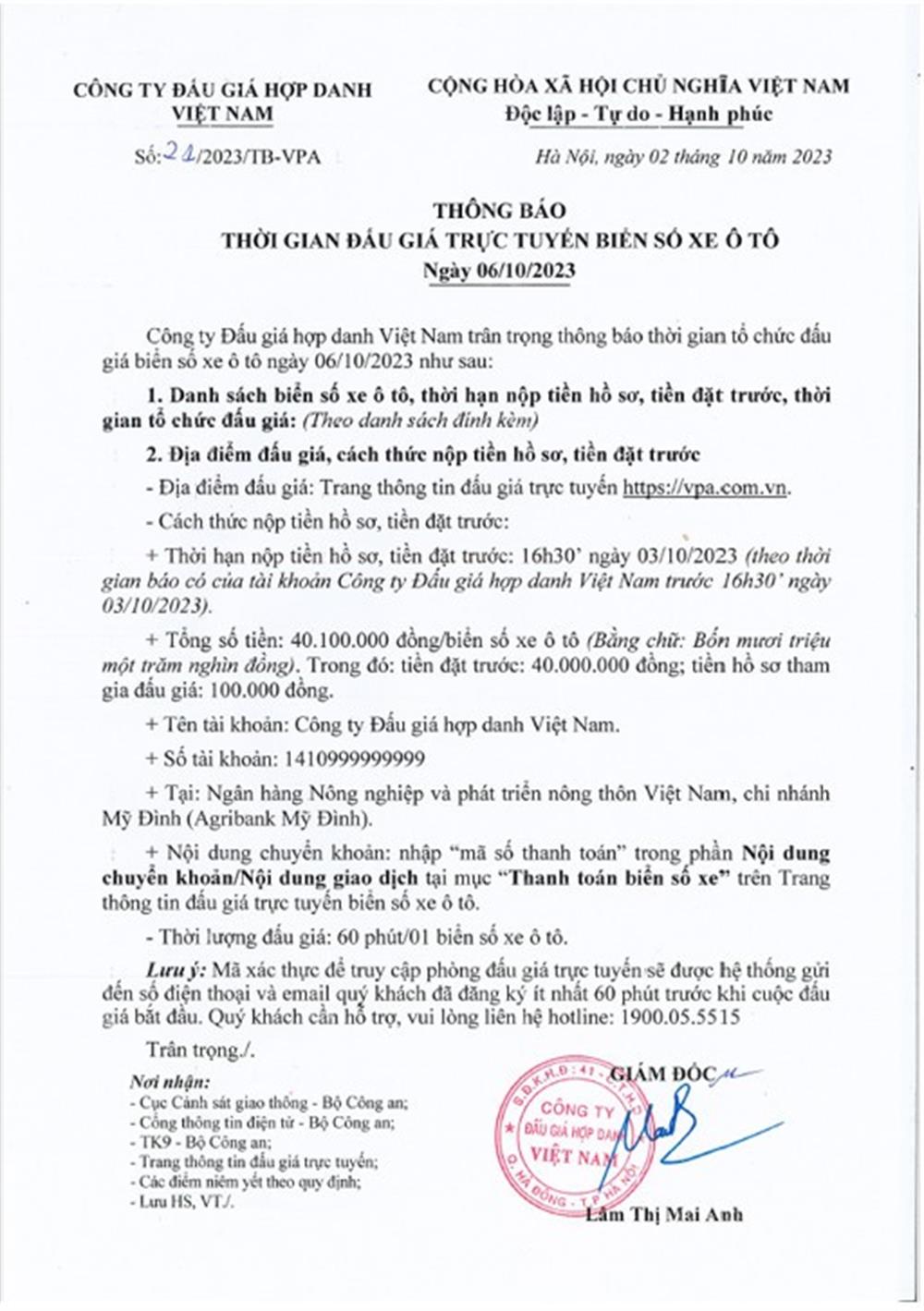 Thông báo phiên đấu giá trực tuyến biển số xe ô tô ngày 06/10/2023.