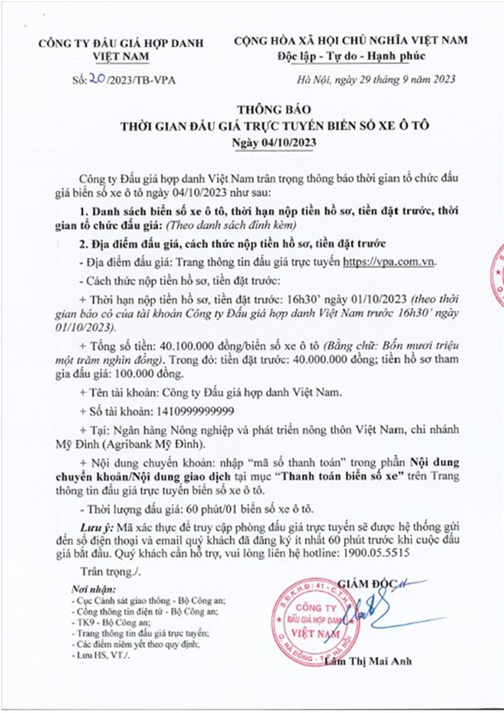 Thông báo phiên đấu giá trực tuyến biển số xe ô tô ngày 04/10/2023.