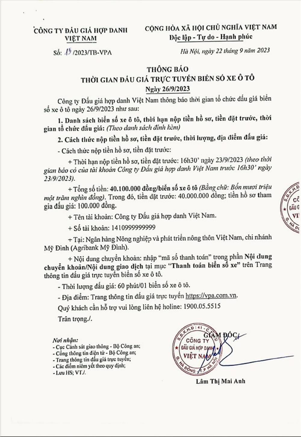 Thông báo phiên đấu giá trực tuyến biển số xe ô tô ngày 26/9/2023​.