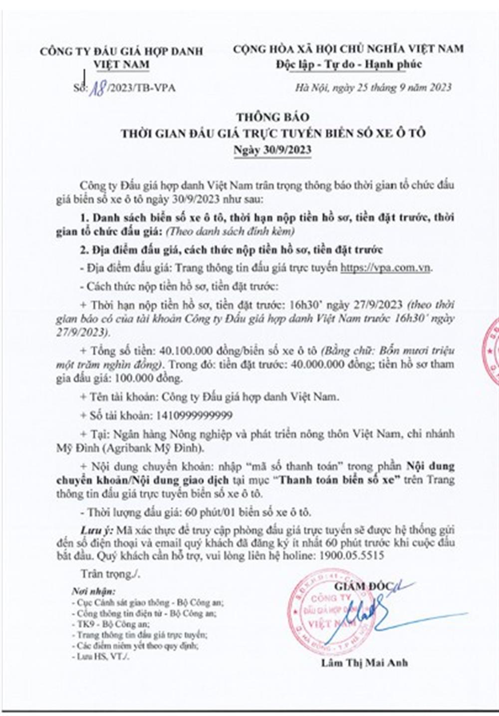 Thông báo phiên đấu giá trực tuyến biển số xe ô tô ngày 30/9/2023.  