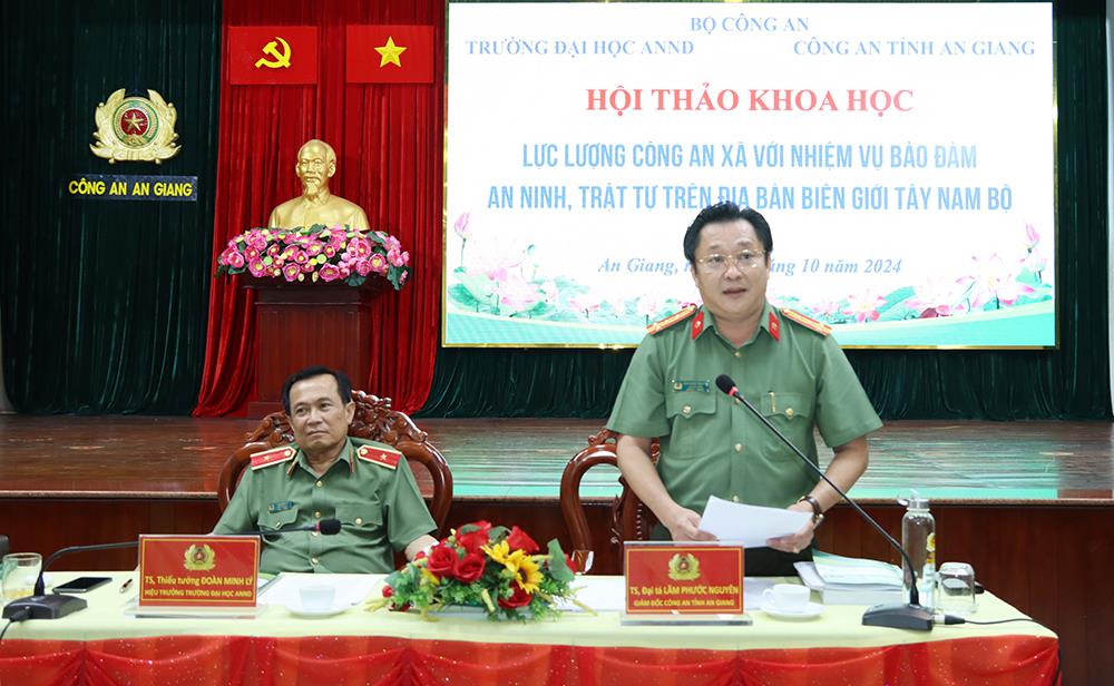 Đại tá, TS Lâm Phước Nguyên, Giám đốc Công an tỉnh An Giang điều hành phần tham luận 