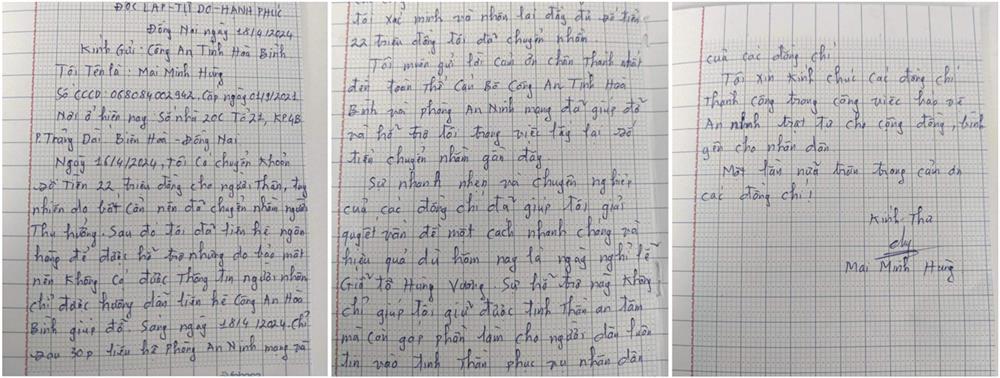 Bức thư cảm ơn của anh Mai Minh Hùng gửi Phòng An ninh mạng và phòng chống tội phạm sử dụng công nghệ cao, Công an tỉnh Hòa Bình.