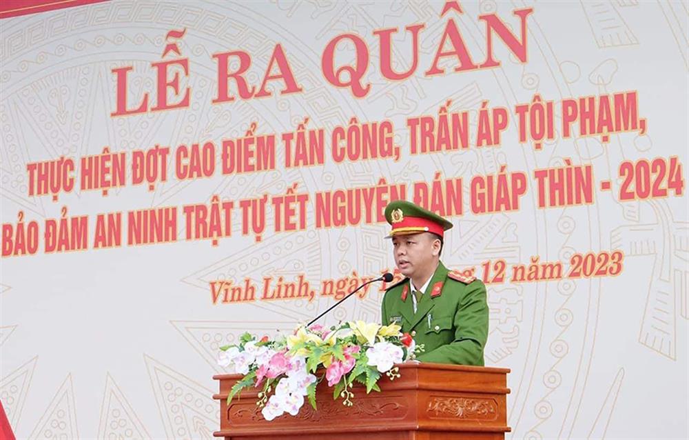 Đại úy Nguyễn Ngọc Minh phát biểu tại Lễ ra quân tấn công trấn áp tội phạm bảo vệ Tết Nguyên đán Giáp Thìn 2024.