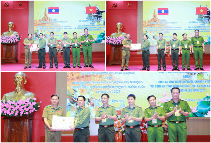 Đoàn đại biểu Công an tỉnh Nghệ An và Công an 03 tỉnh Hủa Phăn, Xiêng Khoảng, Bo Ly Khăm Xay trao quà tặng nhau, mong muốn sự hợp tác toàn diện giữa các bên ngày càng phát triển.