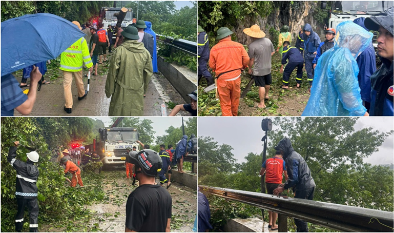 Công an huyện Con Cuông phối hợp với lực lượng chức năng xử lý tại các điểm sạt lở nhằm đảm bảo an toàn tính mạng và tài sản cho người dân.