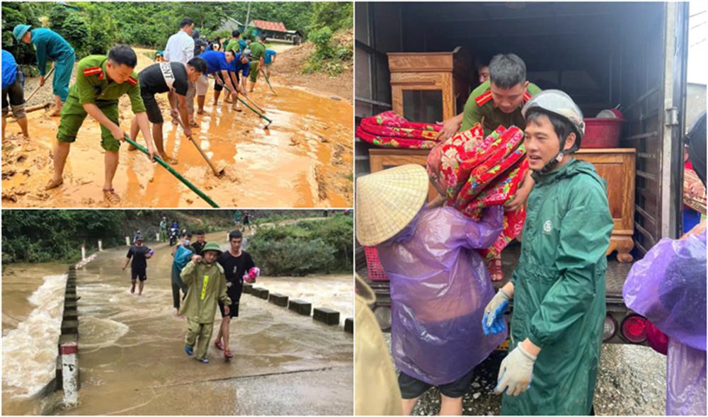 Công an huyện Tương Dương và các lực lượng giúp dân khắc phục ảnh hưởng bão số 4.