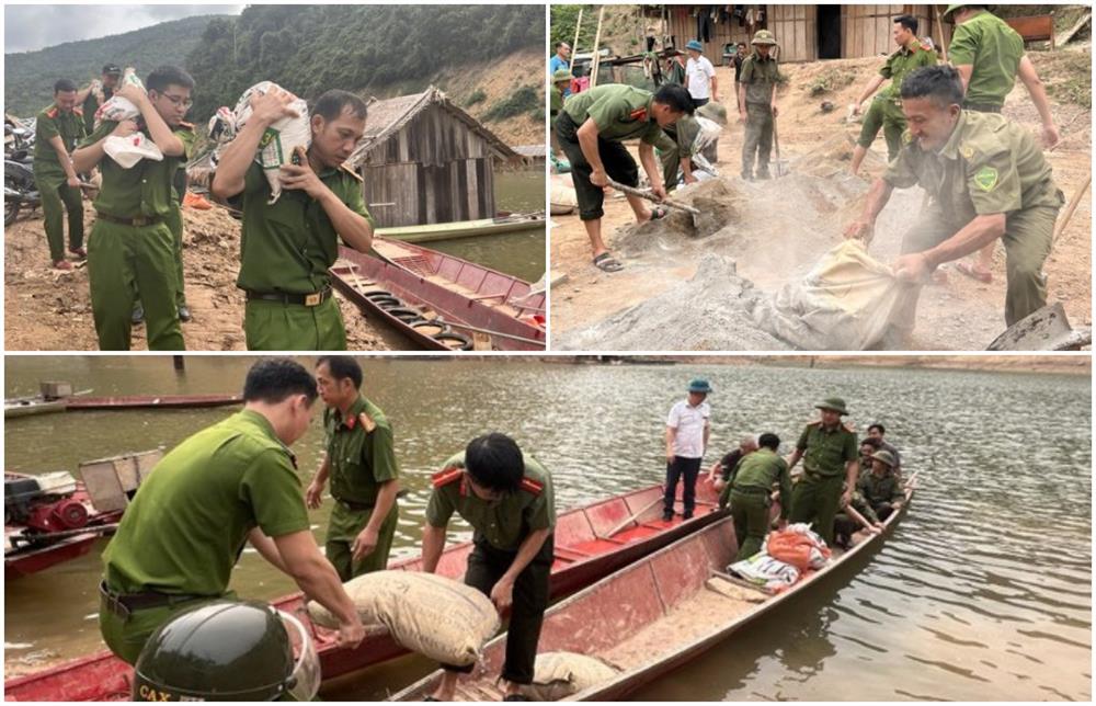 Những cán bộ, chiến sỹ “vai trăm cân, chân vạn dặm” băng rừng, vượt suối cõng vật liệu tới địa điểm xây dựng những căn nhà “3 cứng”: Nền cứng; khung, tường cứng; mái cứng