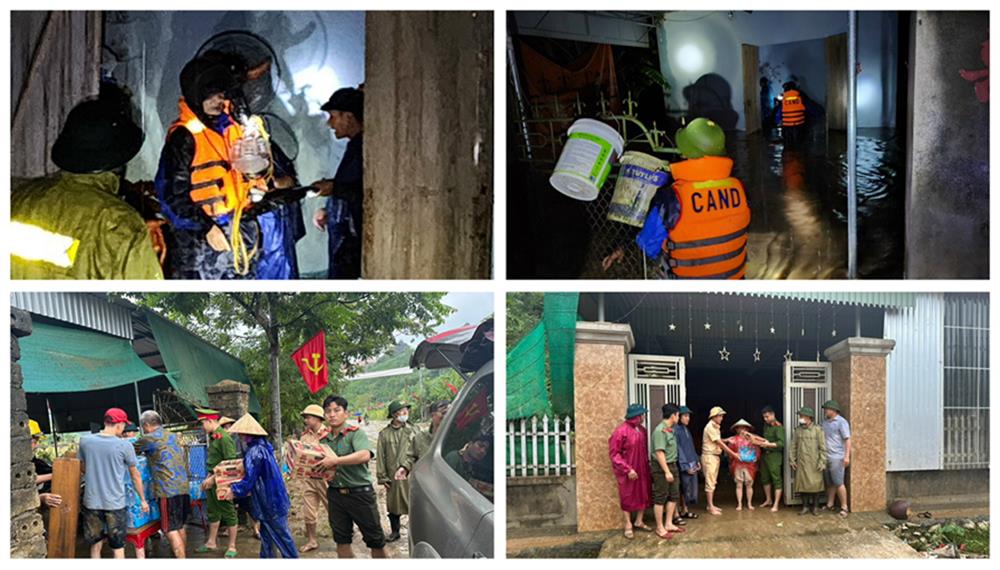 Công an Quỳ Hợp trao nhu yếu phẩm cho các gia đình gặp khó khăn do ảnh hưởng của mưa lũ.