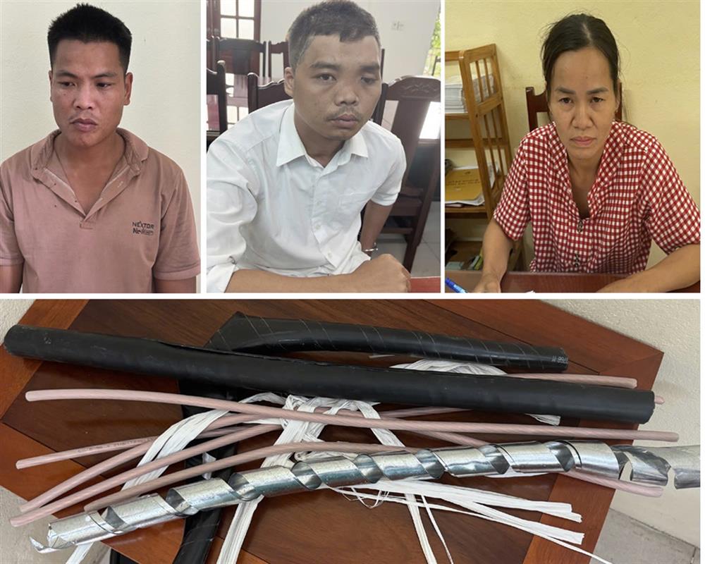 Các đối tượng (từ trái qua phải); Lưu, Thành, Thủy và tang vật vụ án.