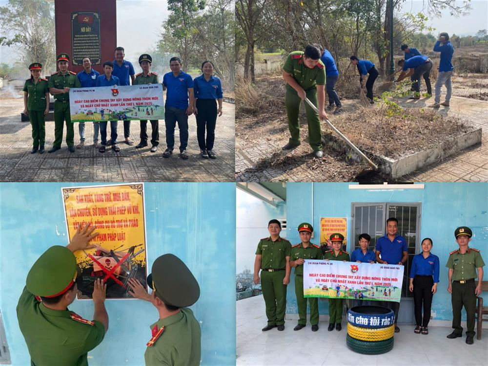 Chi đoàn Phòng Cảnh sát quản lý hành chính về trật tự xã hội phối hợp với Xã Đoàn Hàm Phú, huyện Hàm Thuận Bắc triển khai các phần việc thanh niên: Tổng dọn vệ sinh Khu di tích căn cứ cơ quan Huyện ủy Hàm Thuận tại thôn Phú Sơn, xã Hàm Phú; tặng 04 thùng rác tái chế từ lốp xe tại Nhà văn hóa thôn Phú Điền, Phú Sơn, Phú Thắng, Lâm Thuận; dán infographic tuyên truyền công tác vận động, thu gom vũ khí, vật liệu nổ, công cụ hỗ trợ tại các bảng thông báo Nhà văn hóa thôn.