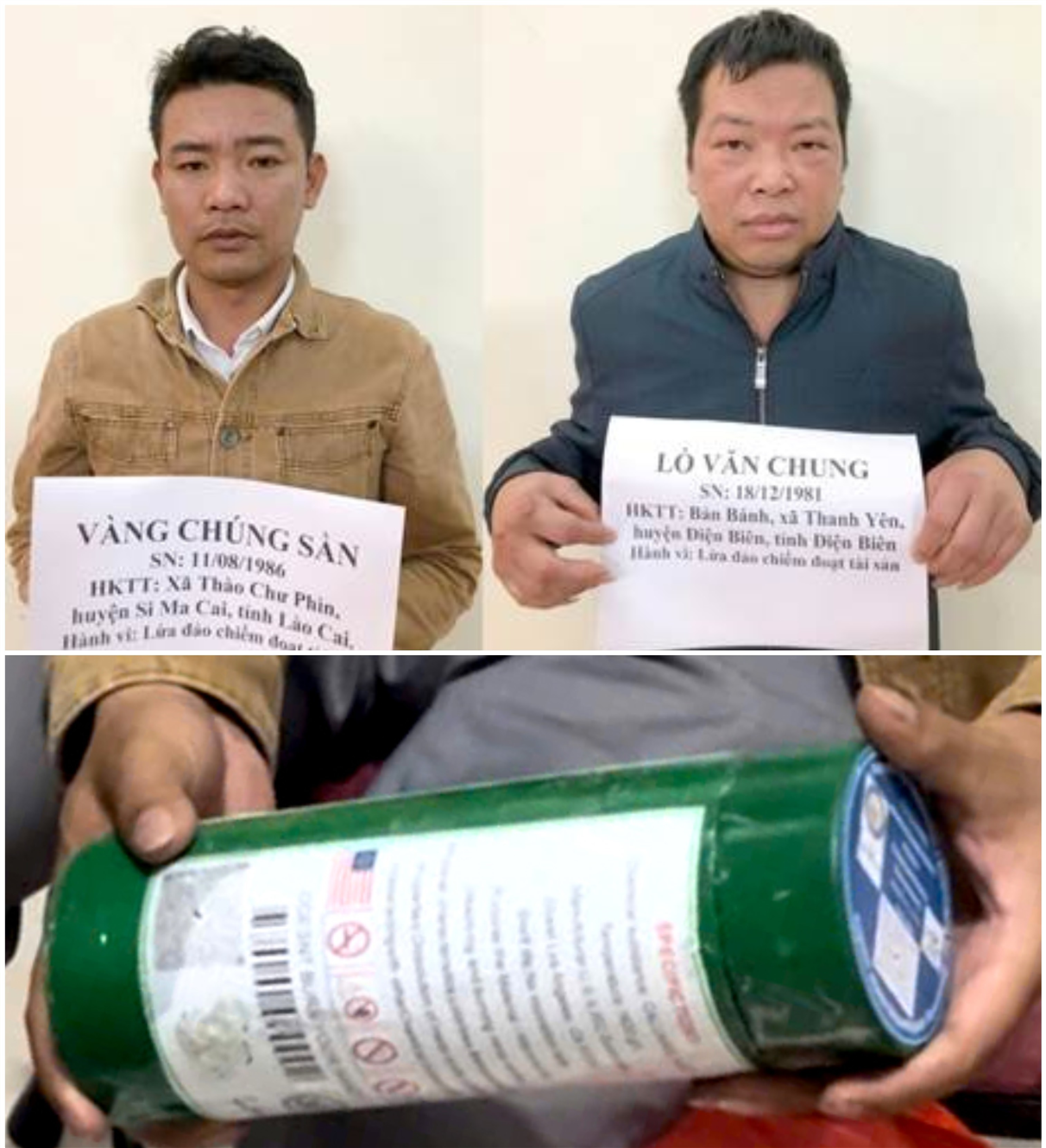 Hai đối tượng Vàng Chúng Sần và Lò Văn Chung cùng tang vật.