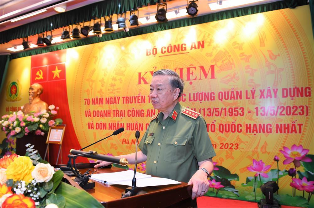Bộ trưởng Tô Lâm phát biểu tại Chương trình gặp mặt kỷ niệm 70 năm Ngày truyền thống lực lượng Quản lý xây dựng và doanh trại Công an nhân dân (13/5/1953 – 13/5/2023).