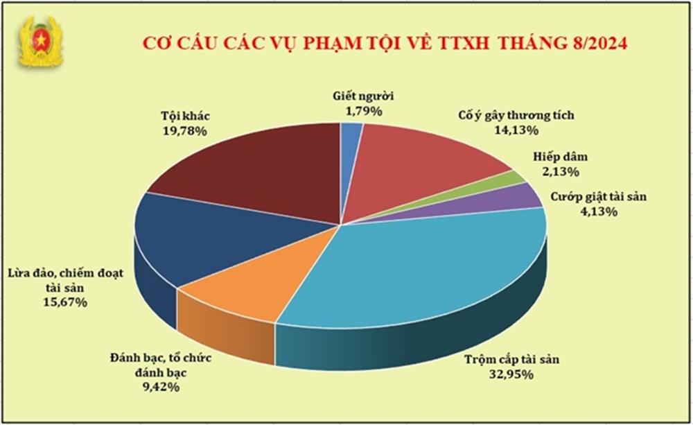 Biểu đồ cơ cấu tội phạm về trật tự xã hội tháng 8/2024.