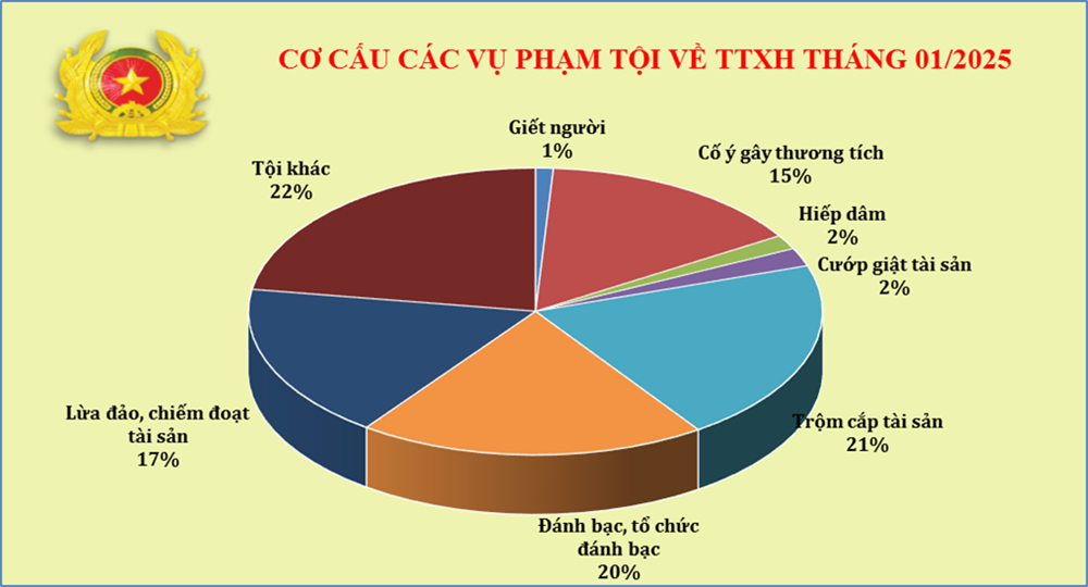 Biểu đồ cơ cấu tội phạm về trật tự xã hội tháng 01/2025.